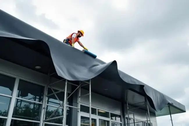 a roofer is installing a flat roof on a commercial building