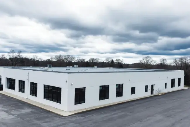 a flat roof on a commercial building