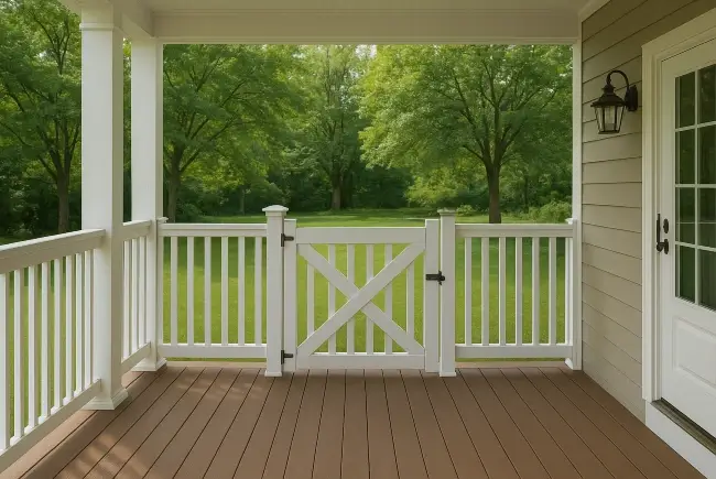 porch with gate and fence surrounded by trees