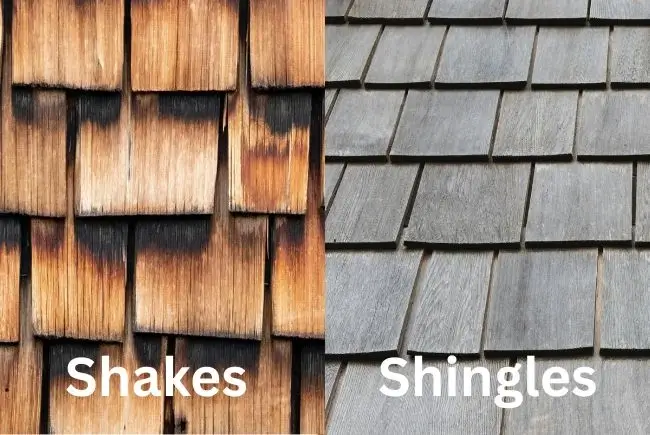 side by side picture of wood shakes and wood shingles