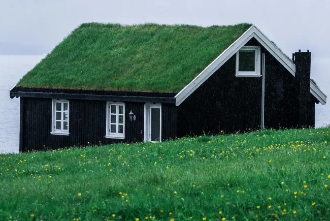 black house with a green roof.
