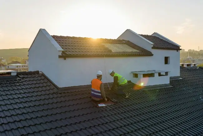 two roofing professionals inspecting a roof