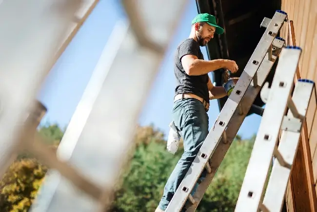 man on a ladder painting a house's siding
