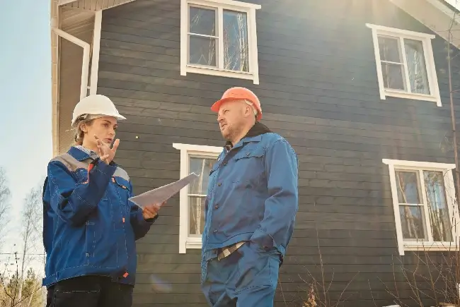 professionals discussing house exterior repairs