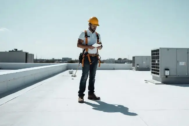 roofer in uniform inspecting a flat roof