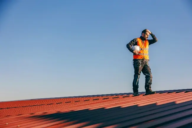 roofer on a metal roof under the sun
