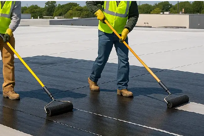 roofers applying flat roof membrane