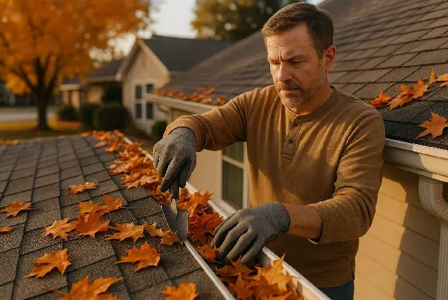 man cleaning gutters to make sure they are working correctly