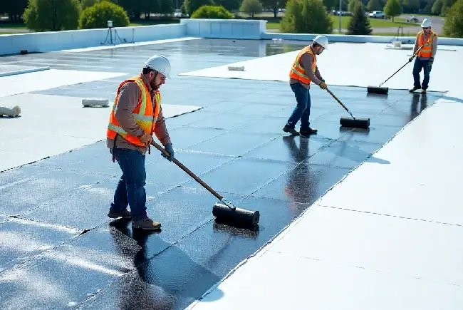 roofers applying layers of modified bitumen onto flat roof
