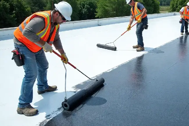 team of roofers applying mod bit membrane