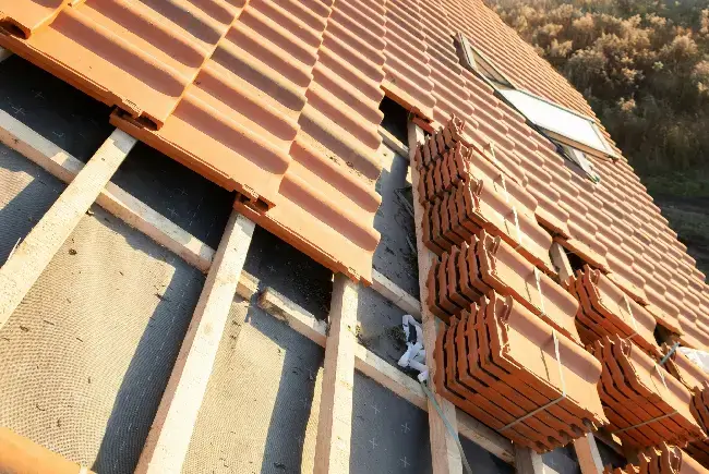 wood decking and orange roof tiles