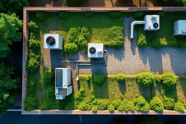 aerial top view of a commercial building with a green roof
