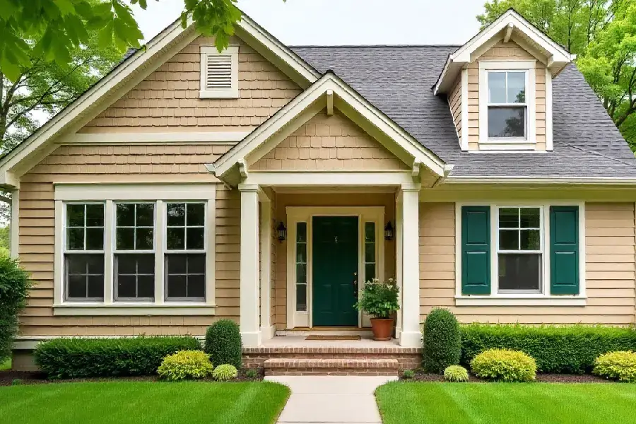 house with a warm beige siding, cream trim, and a forest green door