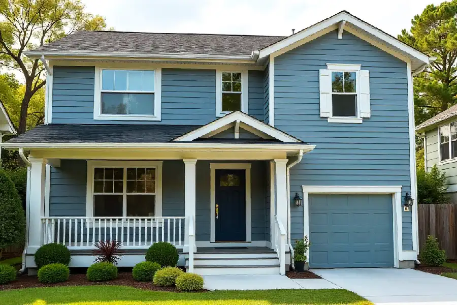 house with cool slate blue siding, off white trim, and a navy blue door