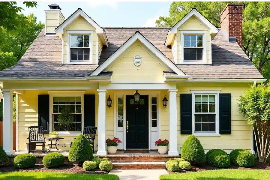 house with cream yellow siding, white trim, and black shutters