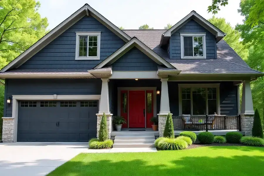 house with deep charcoal exterior, soft gray trim, and a red door