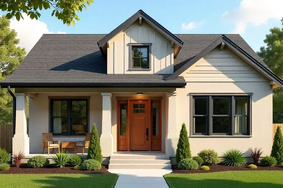 house with light sand exterior walls, charcoal trim, and a copper door