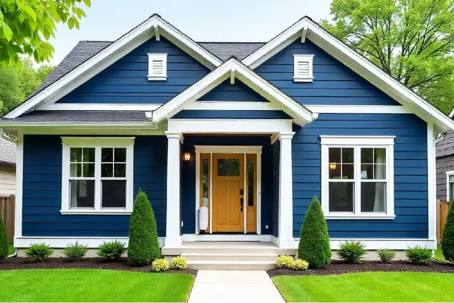 house with navy blue siding, bright white trim, and natural wood door