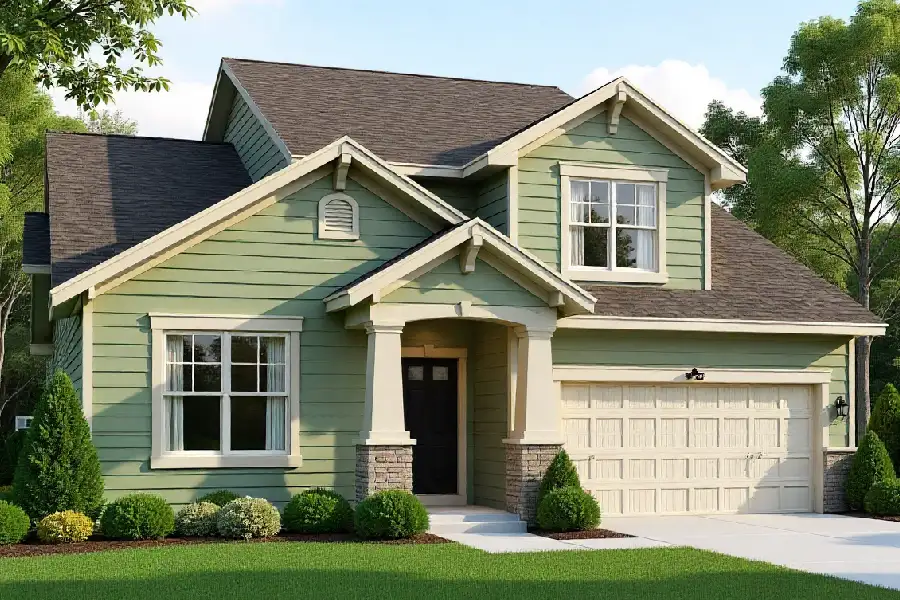 house with sage green siding, warm white trim, and a black door