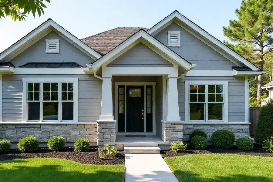house with soft gray siding, white trim, and a charcoal door