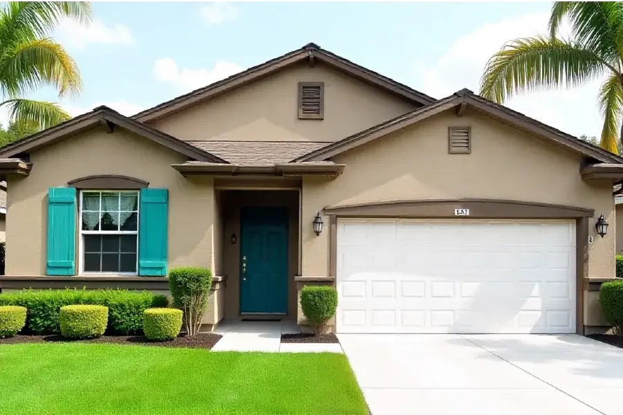 house with taupe exterior paint, dark brown trim, and a muted teal door and window shutters