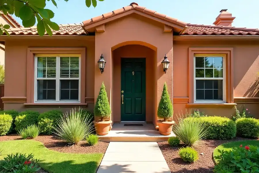 house with terracota exterior, warm taupe trim, and a deep green door