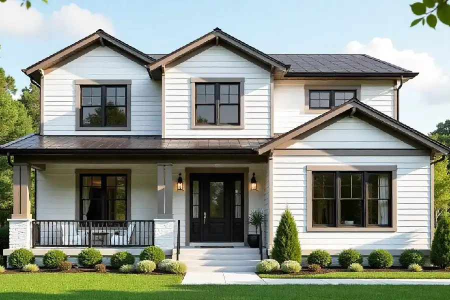 house with warm white siding, taupe trim, and black metal accents