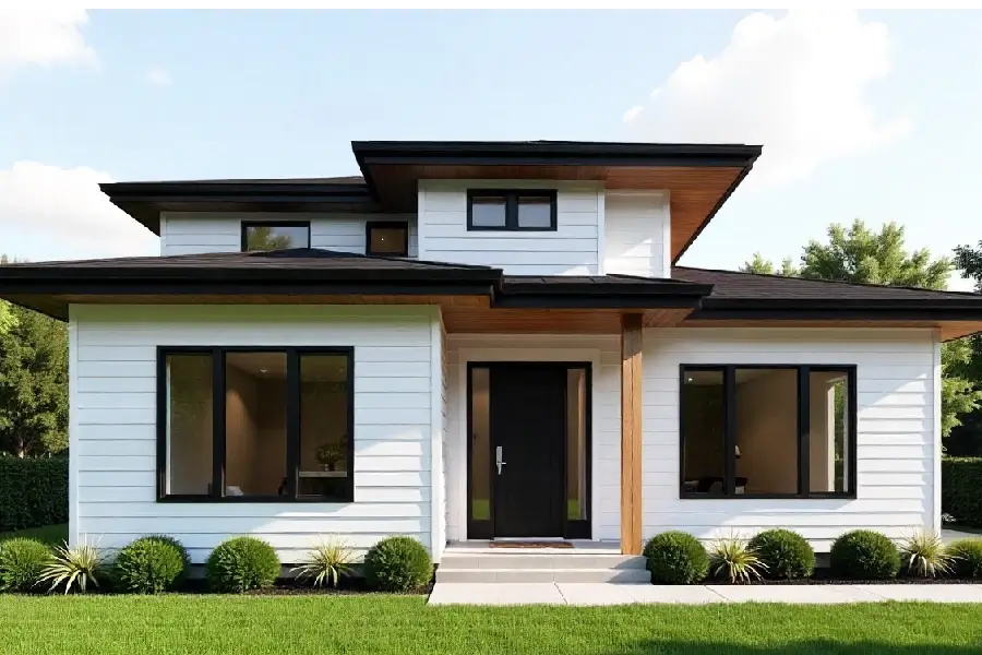 modern house with crisp white siding, black trim, and natural wood accents