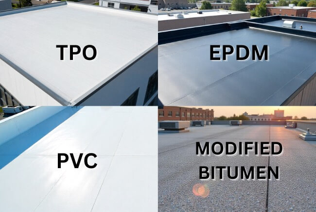 collage of tpo, epdm, pvc, and modified bitumen roof systems