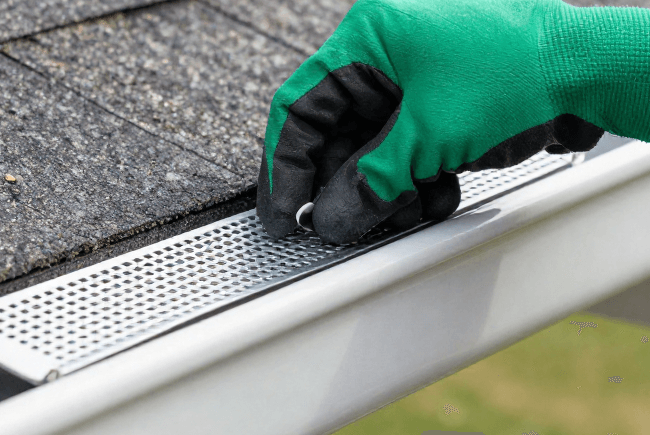 gloved hand installing gutter guards
