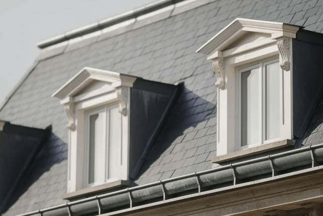 a close up view of a mansard roof
