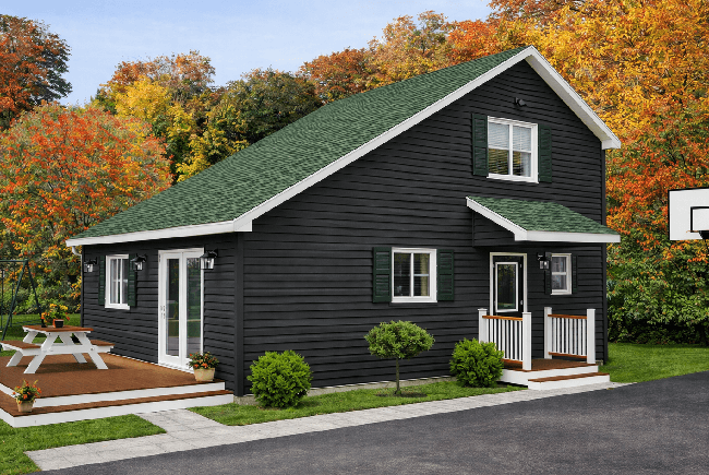 black house with a green saltbox style roof