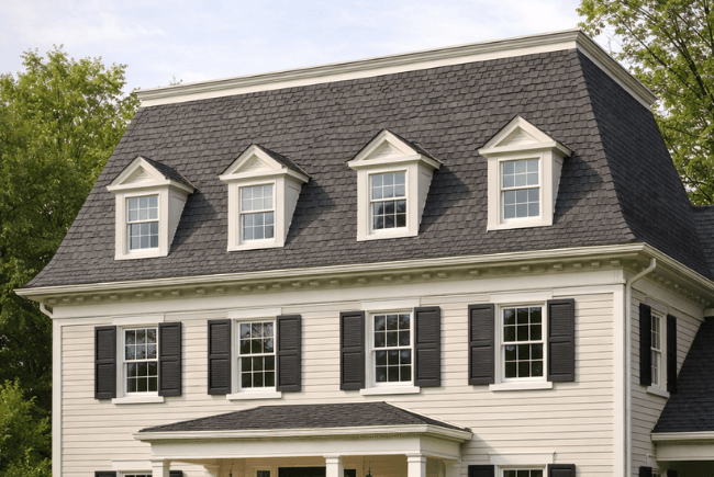 three story house with a mansard roof and dormer windows