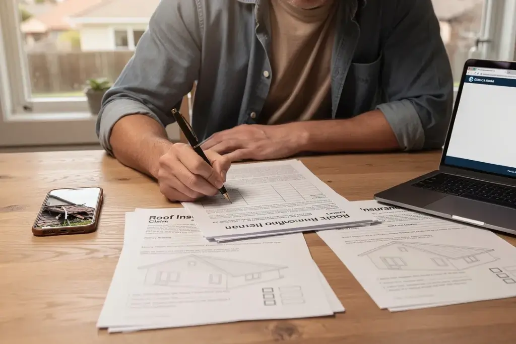 a homeowner diligently filling out documents for a roof insurance claim