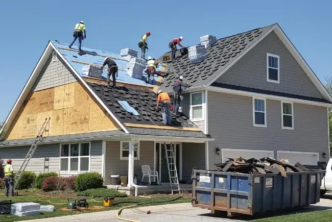a roofing contractor inspecting a home for a roof replacement project