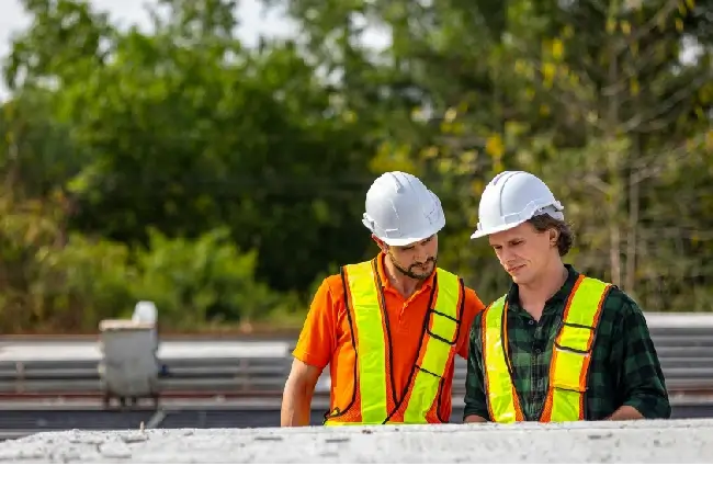two men discussing roof conditions