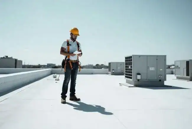 roofer inspecting a commercial building's bur system