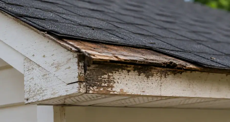 Rotting roof eave with weathered trim