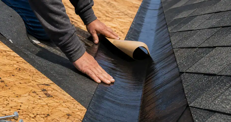 man busy laying rubberized asphalt underlayment